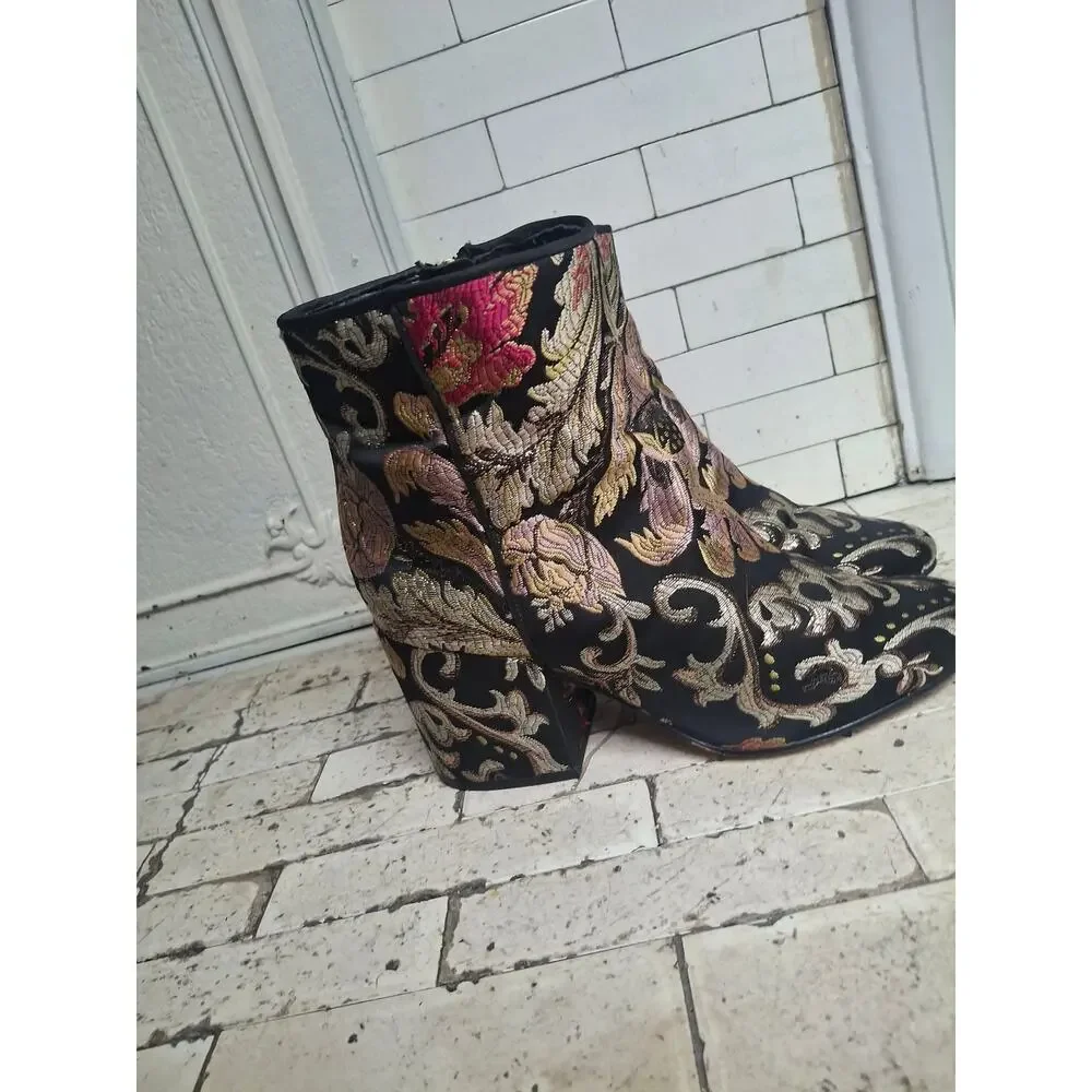 Sam Edelman Cambell Floral Jacquard Brocade Ankle Boot Block Heel Sz 8 Botanical
